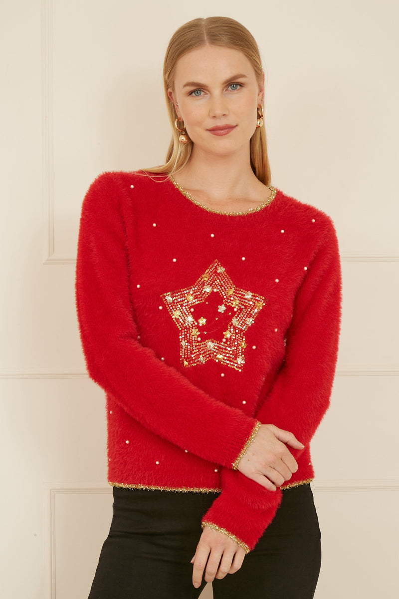 Fluffy Red Star Christmas Jumper